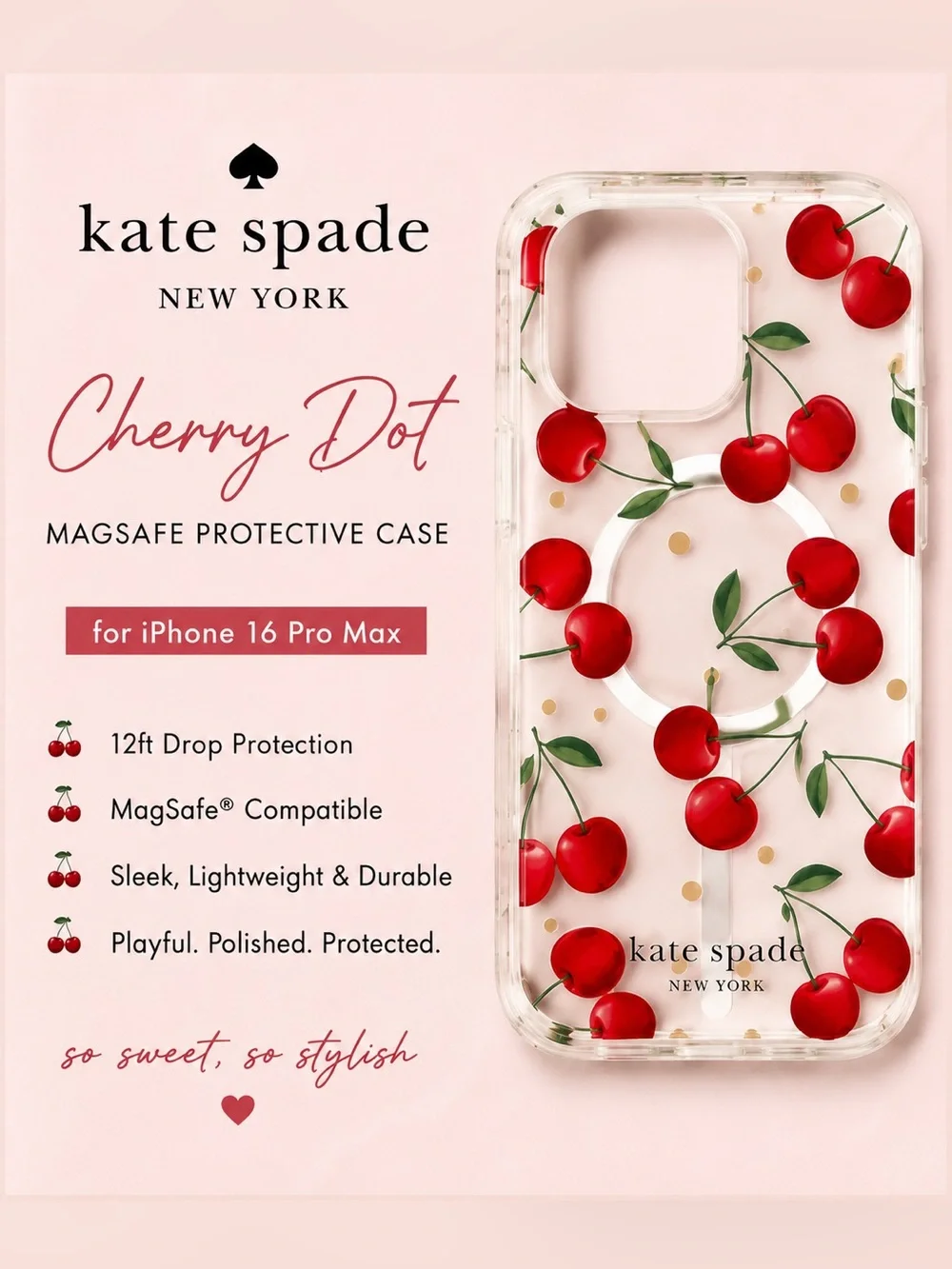 NWT Kate Spade Cherry iPhone 16 Pro Max MagSafe Case Glitter Cherry Dot